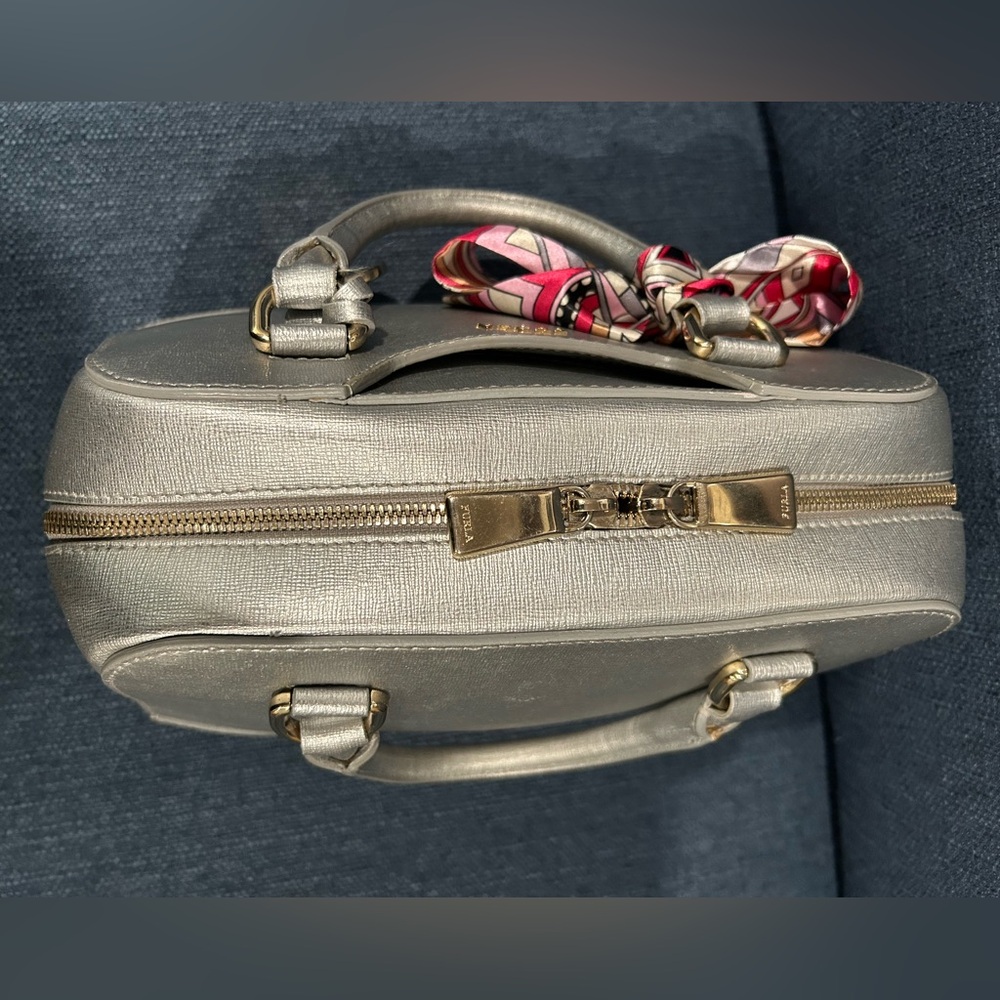Furla Metallic Silver Leather Satchel with  Bag Scarf - Picture 12 of 13
